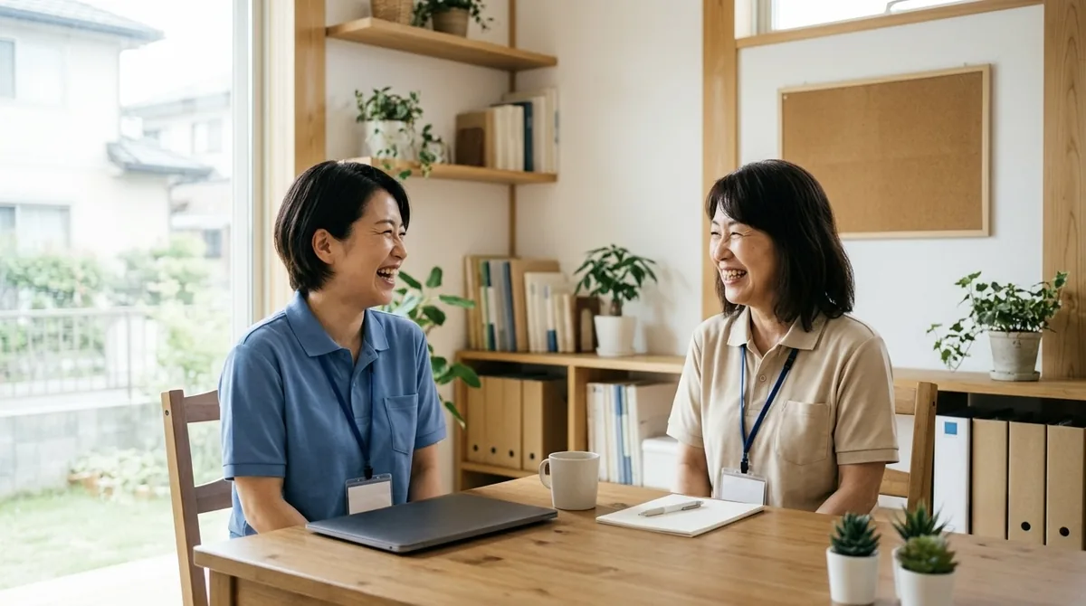 事務所で笑い合うスタッフ