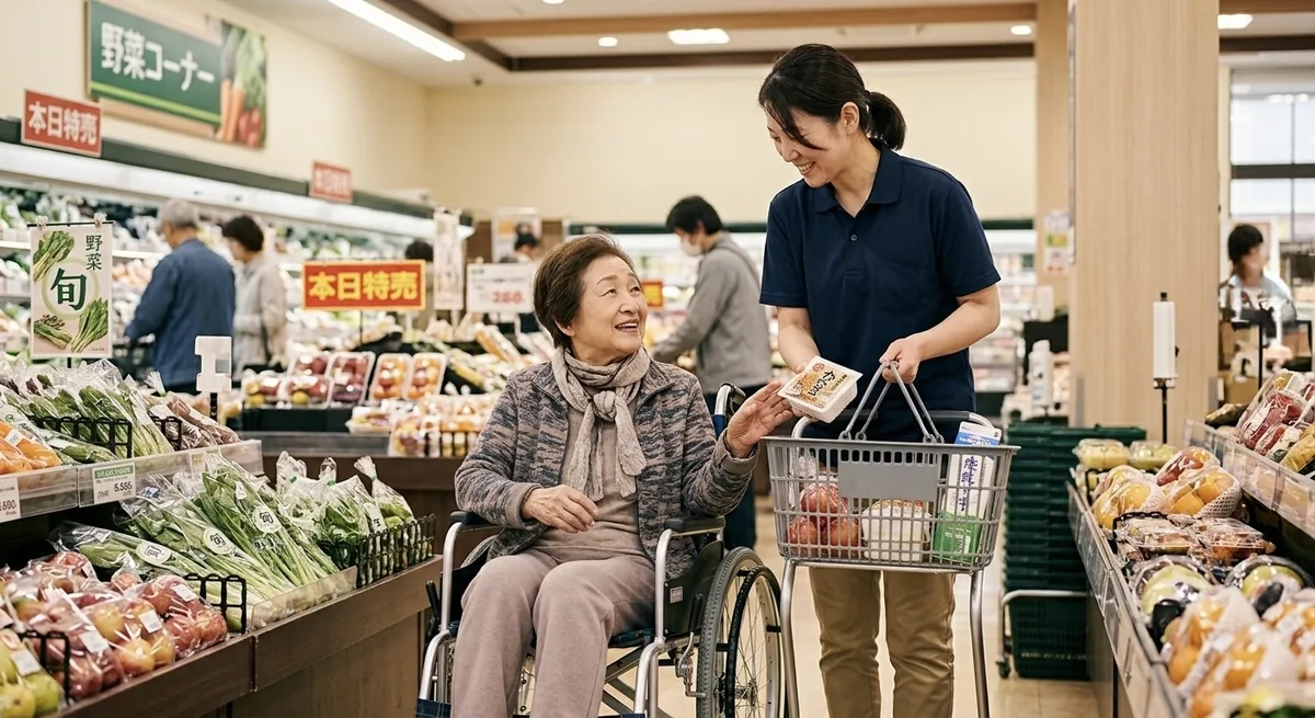 買い物にお付き添いする様子
