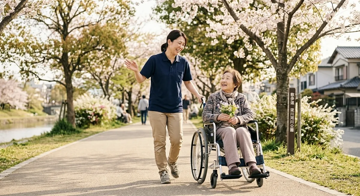 桜並木をお散歩する様子