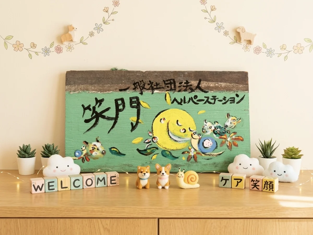 事務所に飾られた手描きの笑門の看板